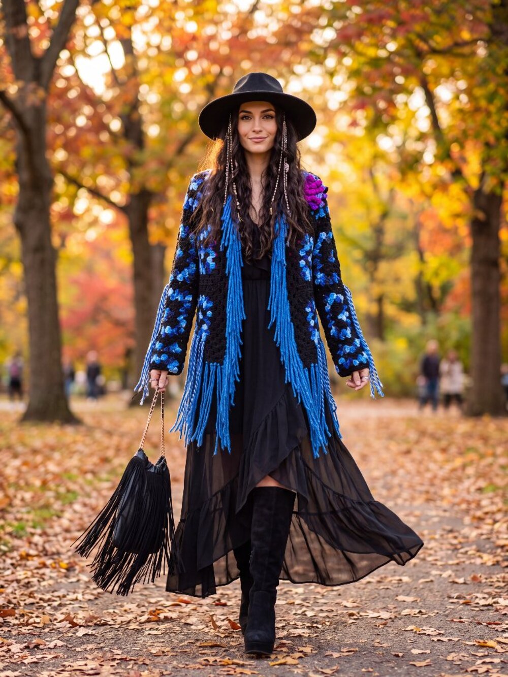 Boho Granny Square Black and Blue Fringe Sweater L/XL